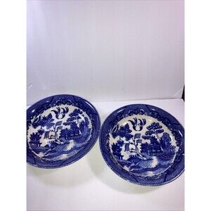 Pair Of Oriental Blue Willow Pattern Vintage Blue & White 8.5” Saucer Plate